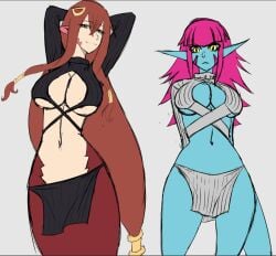 2girls alien alien_girl alien_humanoid arms_up big_breasts blue_skin breasts clothed clothed_female dinaurian draconcopode drawn duna_nichs evolved_virgin_killer_sweater facial_markings fair_skin female female_only fossil_fighters hair_ornament humanoid kayserend lamia light-skinned_female long_ears long_hair looking_at_viewer magenta_hair miia's_mother_(monster_musume) milf monster_girl monster_musume_no_iru_nichijou multiple_girls nintendo pov red_hair tagme wip yellow_eyes