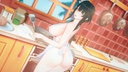 1girls a1stroemeria aether_gazer apron apron_only black_hair cooking female female_focus female_only huge_breasts koikatsu light-skinned_female light_skin long_hair looking_at_viewer looking_back silver_eyes tagme thick_ass thick_thighs wide_hips ying_zhao_(aether_gazer)