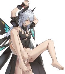 1boy 1girls anal bottomless cum cum_inside full_body lifting_person liv_(punishing:_gray_raven) male medium_breasts nude partially_clothed penis punishing:_gray_raven robot_girl white_eyes white_hair wings