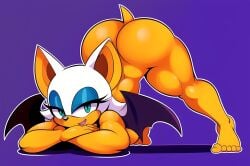 ai_generated anthro arms_crossed bat bat_wings blue_eyeshadow completely_nude eyelashes eyes_half_open face_down_ass_up feet huge_ass huge_thighs jack-o_pose mouth_open muscular muscular_female muscular_legs nude purple_background rouge_the_bat seductive_look simple_background solid_color_background sonic_(series) sonic_the_hedgehog_(series) tail tan_body teal_eyes virtuai white_hair white_outline