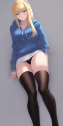 ai_generated black_panties black_stockings blonde_hair blue_eyes blue_hoodie hoodie long_hair long_hair_female metroid novel_ai novelai panties_showing samus_aran stable_diffusion standing stockings video_game_character