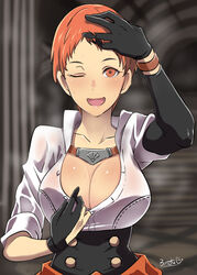 1girls butcha-u cleavage eroquis female female_only fire_emblem fire_emblem:_three_houses large_breasts leonie_pinelli orange_eyes orange_hair short_hair solo sweat sweaty_breasts tomboy very_short_hair