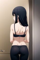 1female 1girls ai_generated ass back_view black_bra black_hair bra female female_only hi_res high_resolution highres leggings long_hair looking_at_viewer mieruko-chan solo_female stockings yellow_eyes yotsuya_miko