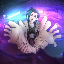 1girls arcane biting_lip blue_eyes blue_hair feet feet_tease foot_fetish foot_focus foot_tease holding_feet jinx_(league_of_legends) joe_erogenous league_of_legends presenting_feet spread_toes