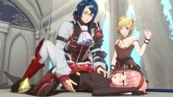 1boy 2girls 3d alcryst_(fire_emblem) bangs blonde_hair blue_hair bodystocking breast_grab breasts_out citrinne_(fire_emblem) closed_eyes cousins dress earrings female fire_emblem fire_emblem_engage grin groping implied_sex indoors lapis_(fire_emblem) long_sleeves male medium_hair multiple_girls naughty_face nintendo nipples off_shoulder on_back one_breast_out overused23 pink_eyes pink_hair prince red_eyes royalty short_hair skirt smile teenage_boy teenage_girl teenager yellow_hair