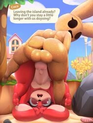 1boy anal anal_penetration anal_sex animal_crossing anthro anus ass balls big_balls coco_(animal_crossing) coco_(picturd) duo english_text furry futa_on_male futanari hand_on_ass looking_back looking_up male nintendo nude outdoors penis_size_difference picturd rear_view red_eyes sex small_penis smile stomach_bulge testicles text thick_thighs thighs transformation upside-down