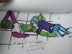 2boys 2d_(gorillaz) abs ace ace_copular bhajnalka98 black_hair blowjob blue_hair english_text fellatio gorillaz green_cock green_skin jeans magenta_shirt male_only penis purple_shirt skinny stuart_pot sucking sucking_off sucking_penis text traditional_art white_male white_shirt