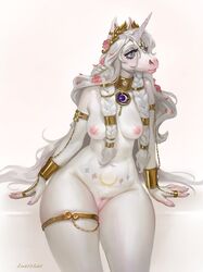 1girls anthro braid braided_hair breasts choker equine eyelashes female female_only flower flower_in_hair furry jewelry levelviolet looking_away miorjah_(pandsky) nipples nude pussy simple_background sitting solo tattoo thick_thighs thighs unicorn white_body