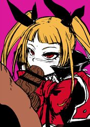 blazblue blonde_hair dark-skinned_male dark_skin erection fellatio female hybrid_no._2 interracial male oral oral_sex penis rachel_alucard red_eyes sex twintails vampire veiny_penis