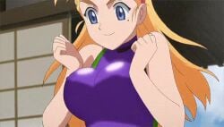 2d animated animated_gif anime big_breasts blonde_hair blue_eyes bouncing_breasts cleavage clothed erect_nipples hi_res highres history's_strongest_disciple_kenichi light-skinned_female light_skin miu_furinji mp4 no_bra no_sound shijou_saikyou_no_deshi_ken'ichi sleeveless solo solo_female solo_focus squeezing_breast video