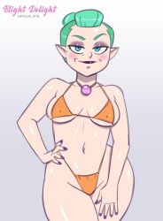 1girls bikini disney disney_channel g-string green_hair hips light-skinned_female light_blue_eyes light_green_hair looking_at_viewer milf necklace nipple_bulge odalia_blight orange_bikini pale-skinned_female pointy_ears purple_lipstick purple_nails samson_00 shiny_skin solo solo_female solo_focus string_bikini the_owl_house the_owl_house_(finale) thighs witch