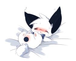 2016 bed_sheet bedding black_ears blush canid canine censored censored_genitalia censored_pussy deaic female feral fur kemono lying mammal on_back one_eye_closed solo white_body white_fur