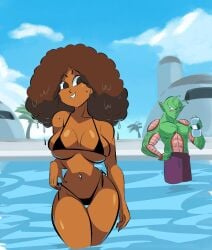 1boy 1girls big_breasts bikini blush breasts curvaceous curvy dragon_ball dragon_ball_super funsexydragonball janet_(dragon_ball) piccolo water water_bottle