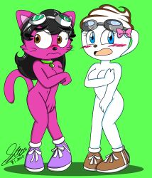 2girls anthro black_hair brown_shoes coffee_cup covering_breasts covering_crotch embarrassed espresso-chan female googles green_collar green_glasses naked_footwear naked_headwear object_humanoid pink_fur purple_shoes siti_(sitinuramjah) sitinuramjah tea_cup tennis_shoes white_skin yin_yang_yo!_oc