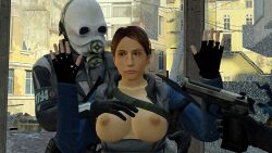 1boy 3d armor armor_removed artist_request at_gunpoint breasts breasts_out citizen citizen_(half-life_2) citizen_(half-life_series) female forced_exposure frustrated frustration gas_mask giving_up gun half-life half-life_(series) half-life_2 hands_up human human_female human_male human_only inden-ial large_breasts male mask masked masked_male nipples rebel shy surrendering