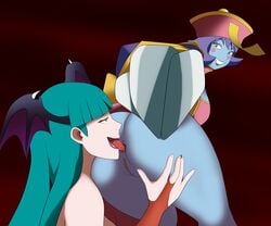 2girls anilingus anus ass ass_grab bat_wings bent_over blue_hair blue_skin bottomless clothing cristalmanor darkstalkers green_eyes green_hair grinning hand_on_ass hat head_wings hsien_ko jiangshi lei-lei lei_lei looking_back metal_claws morrigan_aensland multiple_girls open_mouth oral pussy small_breasts smile smiling squatting succubus talisman tongue tongue_out yellow_eyes yuri