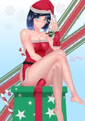 1girls alelib_art artist_name artist_signature bare_legs bare_shoulders barefoot blue_hair christmas christmas_outfit crossed_legs female female_only green_eyes holding_object holly_(plant) no_visible_genitalia presenting_thighs red_berries santa_hat smirk spiky_leaves thighs yelan_(genshin_impact)