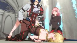 1boy 2girls 3d alcryst_(fire_emblem) bangs barefoot blonde_hair blue_hair blush bodystocking braid breast_out breasts building citrinne_(fire_emblem) clothed_sex cousins covered_nipples covering_mouth dress earrings feet female fire_emblem fire_emblem_engage hair_ribbon hairband hand_to_own_mouth hetero implied_sex incest indoors jewelry lapis_(fire_emblem) legs long_sleeves looking_at_another looking_pleasured male medium_hair multiple_girls nintendo nipples off_shoulder on_back on_ground one_breast_out open_mouth overused23 pillar pink_eyes pink_hair prince red_eyes royalty shocked short_hair skirt small_breasts smile soles teen_boy teenage_girl teenager teos yellow_hair