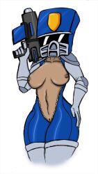 1girls 2016 2d 2d_(artwork) artist_request big_breasts blue_uniform breasts dark-skinned_female dark_skin exposed_breasts exposed_pussy female female_only front_view gasmask gun hand_on_hip hi_res highres human humanoid nuclear_throne police police_badge police_uniform policewoman rifle rogue_(nuclear_throne) simple_shading solo_female source_request thick_thighs thighs uniform weapon white_background