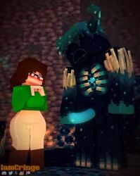 1boy 1girls 3d big_balls big_penis boots breasts brown_eyes brown_hair cave cyan_penis erect_penis female glasses green_t-shirt half-dressed horns horsecock iamcringe irene_cream_(iamcringe) looking_at_partner looking_at_penis male mine-imator minecraft no_panties no_pants outside ponytail tagme warden_(minecraft) wet_pussy