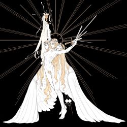 angel_wings armpit_hair armpits arms_up artist_logo artist_name barefoot black_background blonde_hair blonde_pubic_hair body_markings breasts breasts_apart broken broken_sword broken_weapon chalice closed_eyes closed_mouth collarbone completely_nude conjoined crown_of_thorns cup excessive_pubic_hair feathered_wings feet female female_pubic_hair fingernails forehead forehead_jewel full_body godiva_ghoul gold gold_ring hair_flowing_over head_wreath highres hip_bones holding holding_cup holding_sword holding_weapon jewelry large_areolae large_wings legs lips long_hair looking_at_viewer medium_breasts monochrome multi_head navel nipples nose nude original outstretched_arms parted_bangs pubic_hair ring simple_background skinny solo spilling stomach sunburst sunburst_background sword tiptoes toenails toes very_long_hair wavy_hair weapon white_eyes wings