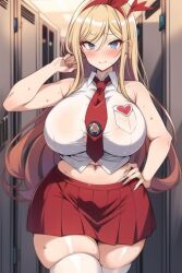 1girls ai_generated belly_button big_breasts blonde_female blonde_hair blonde_hair blonde_hair_female blue_eyes blush blush breasts clothing collared_shirt female female_only frosting.ai hairband huge_breasts locker lockers long_hair looking_at_viewer navel red_skirt ribbon ribbon_in_hair school school_uniform schoolgirl schoolgirl_uniform skirt stockings thick_thighs thighhighs tie white_shirt white_stockings white_thighhighs