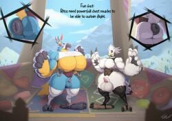 anthro anus areola ass avian ball_size_difference balls beak big_anus big_balls big_pecs biped breath_of_the_wild claws duo english_text erection genitals huge_anus huge_balls huge_pecs kass_(tloz) male male_only moobs muscular muscular_anthro muscular_male nintendo nipple_piercing nipple_ring nipples open_mouth open_smile pecs penis penis_size_difference piercing puffy_anus ring_piercing rito small_penis smile teba_(tloz) text the_legend_of_zelda thick_thighs toby_art tongue tongue_out