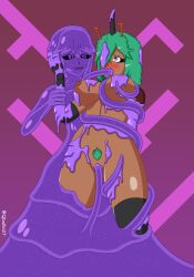 absurd_res antennae big_breasts bug_girl covered_in_slime covered_nipples dominant_female femdom gaz_(captaingazpacho) grabbing_head green_hair grope horn khepri_(qballin27) long_hair monster_girl oc purple_eyes purple_hair purple_slime qballin27 slime slime_monster slime_tentacle stuck stuck_in_slime submissive_female tentacle tentacle_around_breasts tentacle_around_leg trapped yuri