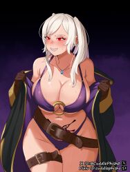 1girls alternate_costume bare_shoulders belt bikini blush brand_of_the_defile breasts brown_gloves cleavage cowboy_shot cuddlephish0 curvy dark_persona embarrassed female female_only fire_emblem fire_emblem_awakening fire_emblem_heroes gloves gradient_background grima_(fire_emblem) highres hooded_robe huge_breasts jewelry long_hair long_sleeves looking_at_viewer navel necklace nintendo o-ring o-ring_bikini o-ring_top official_alternate_costume open_mouth pixiv_id possessed possession pubic_tattoo purple_bikini purple_robe purple_swimsuit red_eyes removing_coat robe robin_(female)_(summer)_(fire_emblem) robin_(fire_emblem) robin_(fire_emblem)_(female) solo sweat swimsuit tattoo twintails twitter_username white_hair wide_hips