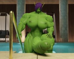 3d blue_eyes dickgirl futanari green_skin huge_balls huge_breasts huge_cock hyper hyper_muscles hyper_penis muscles muscular muscular_futanari orc orc_futanari pool purple_hair seline selinemukgrom shemale warcraft