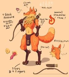 1boy 3_toes animal_genitalia anthro bodypaint bow_(weapon) canid canine clothing cumbusters feet fox foxie_(gamer_struggles) gamer_struggles genitals heart knot male male_only mammal model_sheet penis raki_robotguy ranged_weapon sheath skinny solo solo_male tagme toes weapon