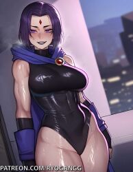 abs ai_generated dc dc_comics female large_breasts leotard lips lipstick naughty_face obliques raven_(dc) ryogangg standing teen_titans toned_female