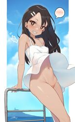 1girls black_hair blush bottomless_skirt brown_eyes dress earring female_focus female_only hayase_nagatoro long_hair looking_at_viewer no_panties nude petite please_don't_bully_me,_nagatoro sky smile solo sundress tattoo teenager transparent_clothing wind wind_lift