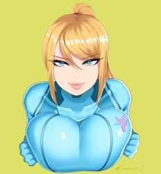 1girls 2023 big_breasts bimbo blonde_hair blue_bodysuit blue_eyes bodysuit eyelashes female female_only green_background hi_res long_hair looking_at_viewer metroid mole mole_under_mouth narrowed_eyes nintendo samus_aran smiling smiling_at_viewer solo timeless-t zero_suit zero_suit_samus