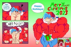 angry_expression angry_face bigger_male blue_hair blue_pants blue_text boyfriend_(friday_night_funkin) brown_eyes female flexing_muscles fnf friday_night_funkin girlfriend_(friday_night_funkin) happy_new_year huge_biceps huge_muscles huge_pecs hyper_muscles jthestronk looking_at_partner male muscle_growth muscles muscular muscular_male red_clothing ripping_clothing smaller_female smiling text text_bubble veiny_muscles