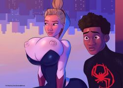 1boy 1boy1girl 1girls big_ass big_breasts blonde_hair blue_eyes breasts brown_eyes brown_hair busty busty_teen dark-skinned_male emmabrave eyebrow_piercing gwen_stacy gwen_stacy_(spider-verse) heavy_breasts heroine huge_breasts large_breasts light-skinned_female marvel marvel_comics miles_morales nipple_bulge nipples_visible_through_clothing spider-gwen spider-man:_across_the_spider-verse spider-man:_into_the_spider-verse spider-man_(miles_morales) spider-man_(series) staring_at_breasts superhero superhero_costume superheroine top_heavy upside-down voluptuous voluptuous_female voluptuous_teen