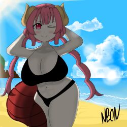 1girls arms_behind_head beach big_ass bikini black_bikini black_string_bikini blue_sky blush cleavage cloud clouds color colored complex_background dragon_girl dragon_horns dragon_tail female female_focus female_only huge_breasts ilulu ilulu_(dragon_maid) ilulu_(maidragon) imminent_fart kobayashi-san_chi_no_maidragon long_tail long_twintails looking_at_viewer ocean one_eye_closed red_eyes red_hair short_hair shortstack signature smile smiling sun thick_thighs thighs two_piece_swimsuit