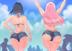 2girls ass beach bikini blue_hair breasts denim_shorts female female_only hololive hololive_english hololive_english_-council- hololive_english_-promise- hololive_myth large_ass large_breasts light-skinned_female light_skin long_hair mori_calliope ouro_kronii pink_hair revision revolverwingstudios short_hair short_shorts shorts virtual_youtuber vtuber