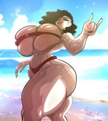 1girls beach big_ass big_breasts bikini blair_(okioppai) curvy eyelashes female female_only huge_breasts okioppai red_eyes solo thick_thighs