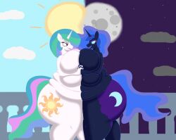 anthro ass breasts cloud cutie_mark day equid equine female friendship_is_magic hasbro horn mammal moon my_little_pony night nightmare_moon_(mlp) obese overweight pilot129 princess_celestia_(mlp) princess_luna_(mlp) solo sun unicorn