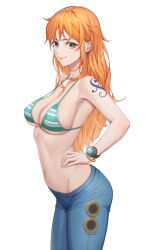 1girls ano_(gccx8784) armwear big_breasts bikini bikini_top blue_pants bottomwear bracelet breasts brown_eyes cleavage clothing female female_only green_bikini_top hair hand_on_hip huge_breasts jeans long_hair nami one_piece orange_hair pants post-timeskip smile solo solo_female striped_bikini tattoo tattoo_on_arm thighs topwear