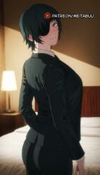 ai_assisted ai_generated ass bed bedroom black_hair black_jacket black_pants black_suit blue_eyes blush breasts chainsaw_man closed_mouth collared_shirt cowboy_shot eyepatch female formal from_behind himeno_(chainsaw_man) indoors jacket lamp large_breasts long_sleeves looking_at_viewer looking_back meitabuu on_bed one_eye_covered pants pillow shirt short_hair smile solo standing suit suit_jackethimeno_(chainsaw_man) white_shirt