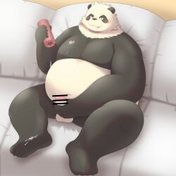 1boy 2024 anthro balls bear belly big_belly black_body black_nose bodily_fluids cum cum_on_chest cum_on_feet detailed_background erection feet furniture genital_fluids genitals giant_panda hi_res kemono male male_only mammal overweight overweight_male penis sex_toy sitting sofa solo solo_male tai_tanuki white_body