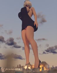 1girls 3d ass big_ass big_breasts bradengts breasts city clothing destruction female female_only giantess hairband high_heels huge_ass huge_breasts light-skinned_female light_skin macro nier nier:_automata short_hair solo standing virgin_killer_sweater white_hair yorha_2b