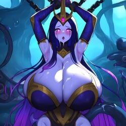 ai_generated big_breasts chained chained_wrists chains corruption cum_on_breasts cum_on_face huge_breasts league_of_legends leblanc massive_breasts nai_diffusion tentacle tentacle_grab thin_waist wide_hips