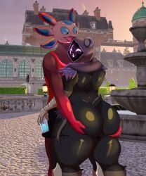 axo_(fortnite) axolotl basketball_uniform big_ass black_latex black_shorts bubble_butt hands_on_ass hug huge_ass jiggle kuroinsolitude pogchamp raven_team_leader shield_potion thick_thighs wide_hips