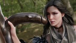 1boy 1girls 3d bent_penis big_penis black_hair blender cd_projekt_red choker dark-skinned_male dark_skin erection female huge_cock interracial long_hair looking_at_penis male no_pubes penis penis_grab the_witcher_(series) the_witcher_3:_wild_hunt vekkte yennefer