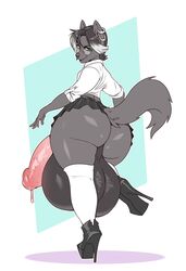 1boy absurdres anthro ass balls big_balls big_penis big_testicles bodily_fluids boosterpang bottom_heavy_femboy crossdressing eyewear footwear furry genital_fluids genitals girly glasses high_heels highres huge_ass huge_balls huge_butt huge_cock huge_testicles hyper hyper_balls hyper_genitalia hyper_penis hyper_testicles looking_at_viewer looking_back male male_only penis precum shoes solo solo_male tail testicles upskirt