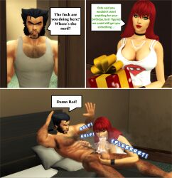 1boy 1boy1girl 1girls 3d birthday_gift blowjob censored cheating cheating_female cheating_girlfriend cheating_wife cum_in_mouth fellatio female green_eyes huge_cock human human_only large_breasts light-skinned_female light-skinned_male light_skin logan_(x-men) male marvel marvel_comics mary_jane_watson netorare ntr oral oral_creampie pof3445 red_hair red_hair_female sims4 spider-man_(series) spider-man_crop_top straight superhero themed_clothes wolverine_(x-men) x-men