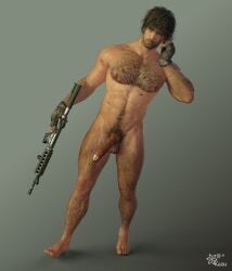 1boy 1human 1male 3d 3d_(artwork) 3d_model black_hair brown_eyes capcom carlos_oliveira erection hairy hairy_body hairy_male kazuworks latino male male_only muscles muscular muscular_male resident_evil resident_evil_3 resident_evil_3_remake solo solo_focus solo_male tan-skinned_male tan_skin veiny_penis